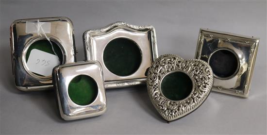 Five assorted travelling watch cases including white metal heart shape and four silver, including Art Nouveau.